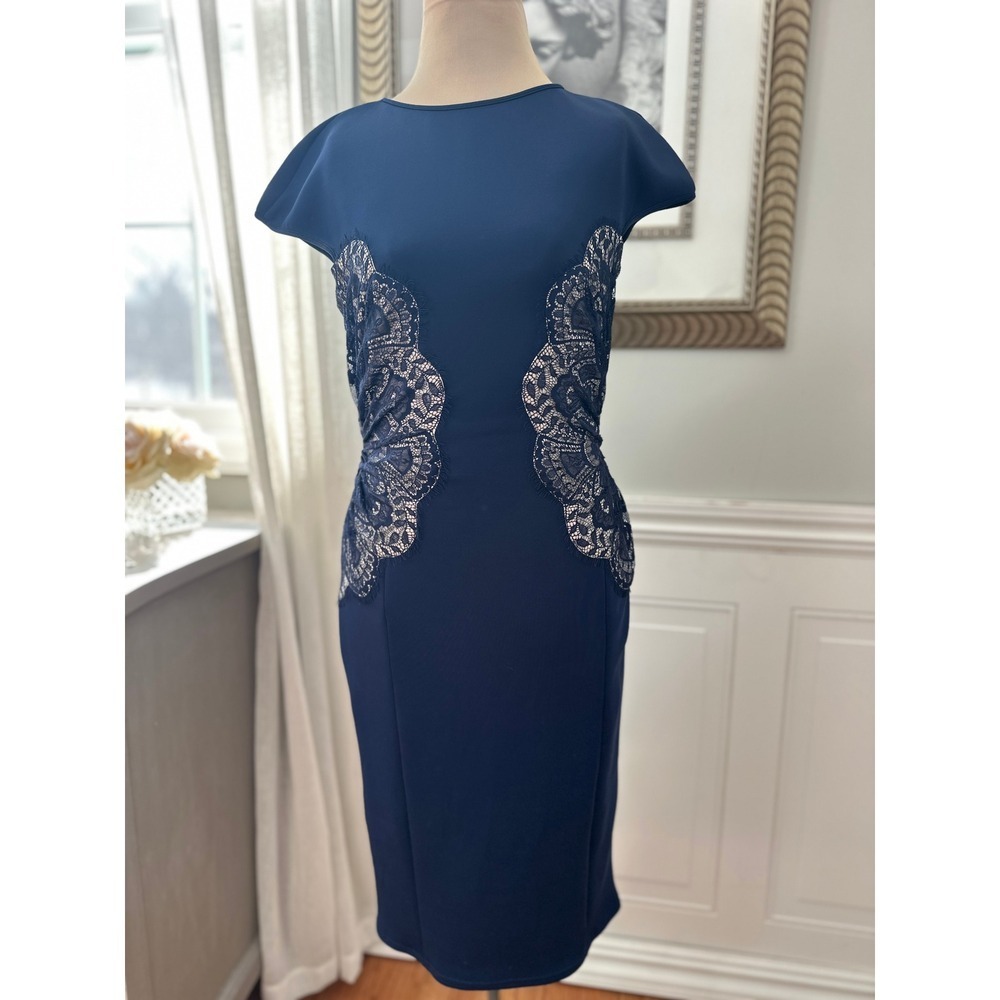 Tadashi Shoji Cocktail Sheath Eyelash Lace Crepe Navy Blue Elegant Size 2‎